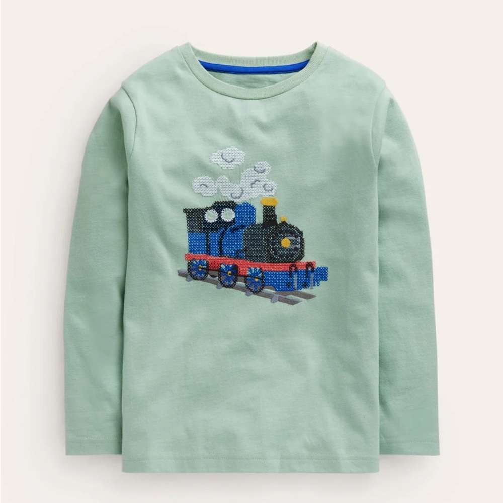 Mini Boden Cross Stitch Cotton T-Shirt - Train Graphic Long Sleeve Shirt